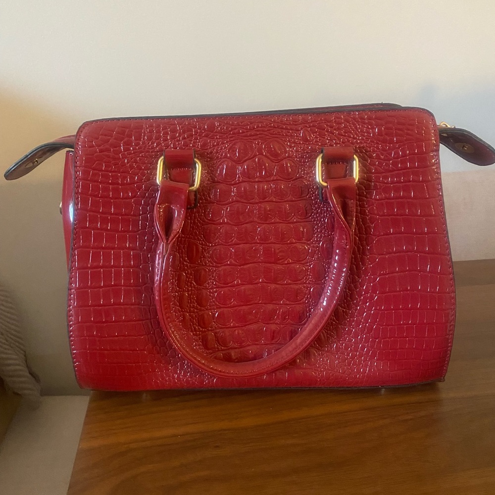 Red faux alligator purse